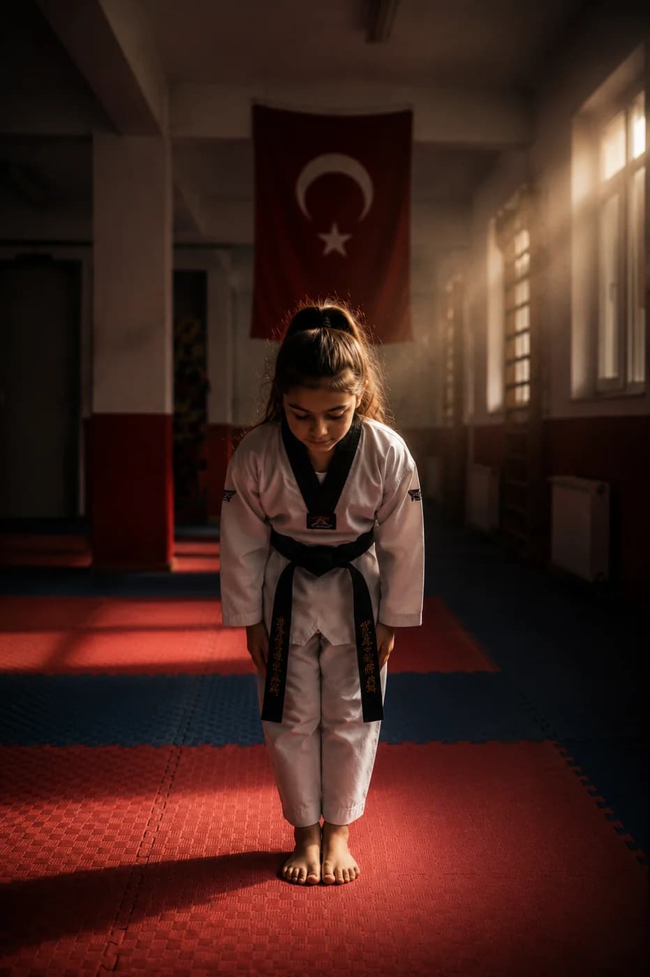 Taekwondo salonunda selam hareketine başlayan genç sporcu